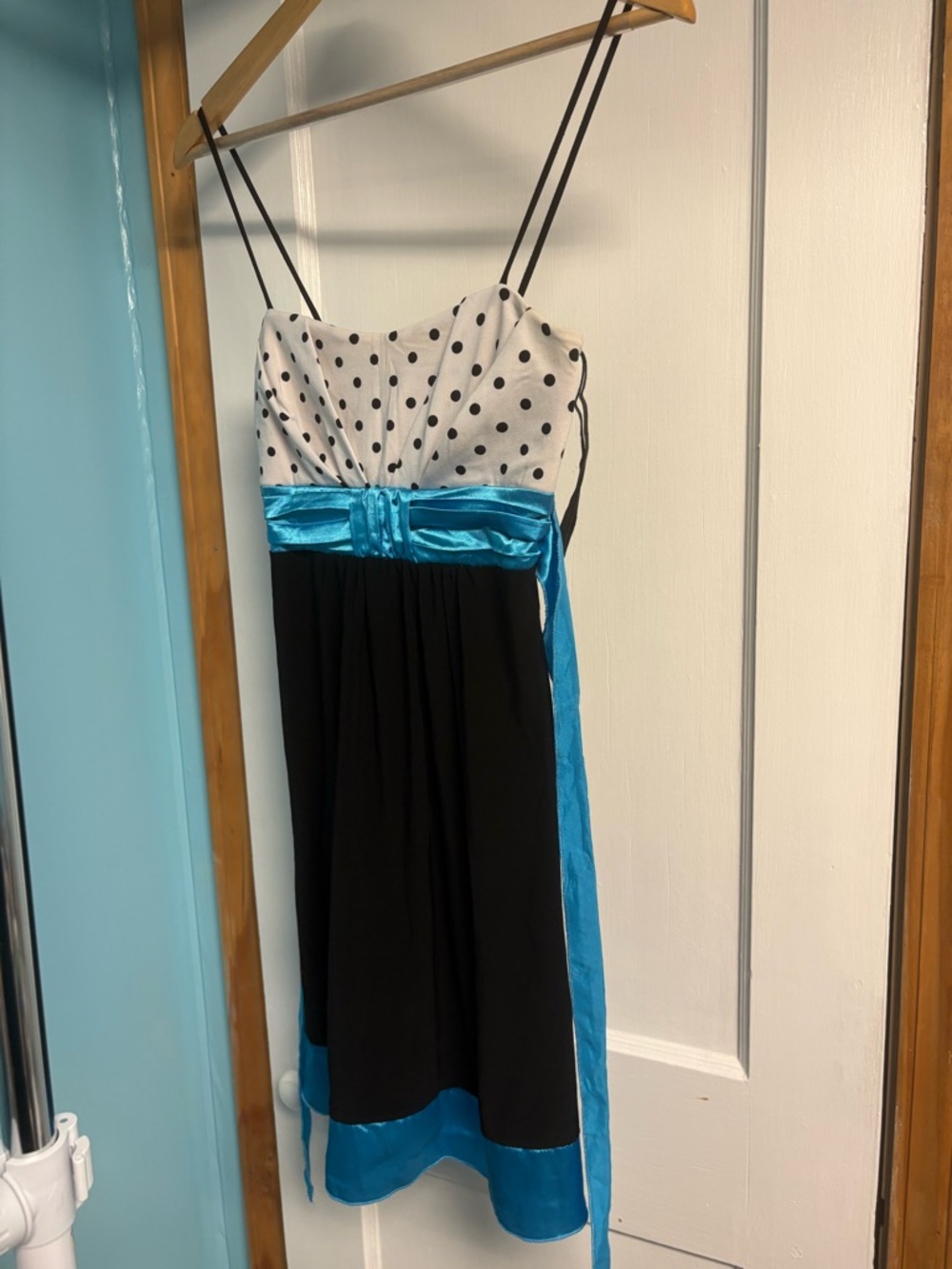 Juniors Black & White Polka Dot Dress with Blue Sash